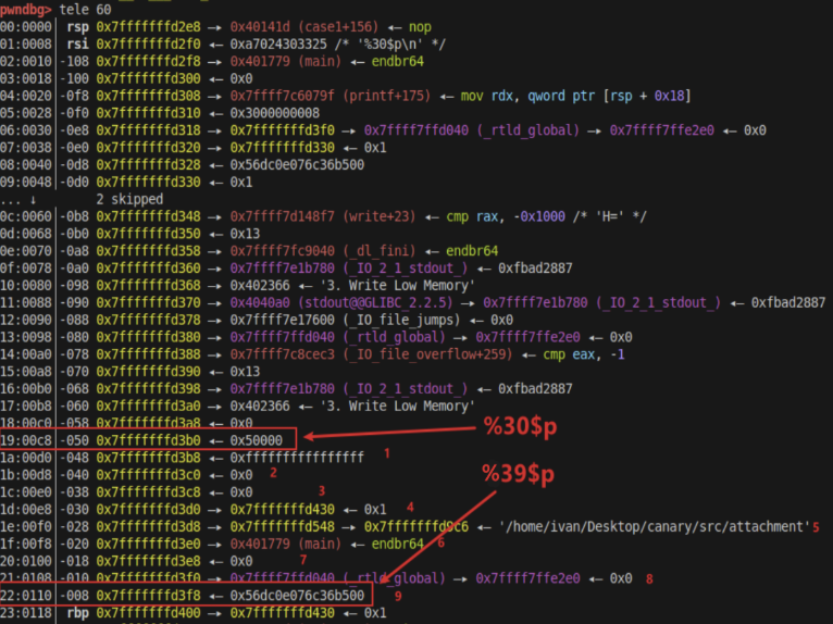 Canary offset in gdb